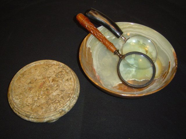2 Magnifying Glasses and Marble tray, Alabaster Bowl: 2 Magnifying Glasses have plastic and wood handles. Marble tray, Alabaster Bowl
