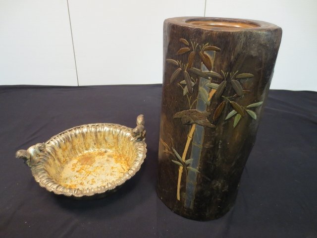 Japanese Planter and Squirrel Decorated Nut Bowl: Planter is made of Wood and Copper, Silver plate Nut Bowl