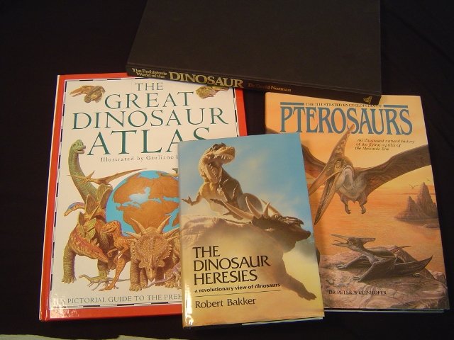 4 Dinosaur Books: Dinosaur Heresies; Robert Bakker. Illustrated Encyclopedia of Pterosaurs; Peter Wellnhofer. Great Dinosaur Atlas; William Lindsay. Prehistoric World of the Dinosaur; David Norman