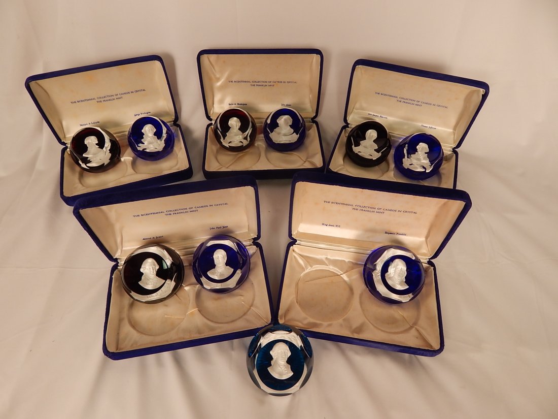 Lot of 5 Sets of Franklin Mint Paperweights: Jean Jacques Rousseau, Thomas Jefferson, Admiral de Grasse, John Paul Jones, King Louis XVI, Benjamin Franklin, Baron de Montesquieu, John Adams, Marquis de Lafayette, and George Washington