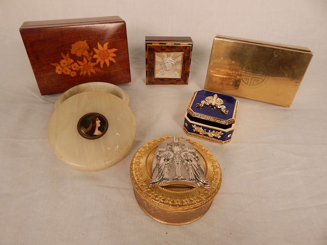 Lot of 6 small boxes: 1 inlaid wood, 1 oriental brass, 1 alabaster, 2 religious brass, 1 enamel
