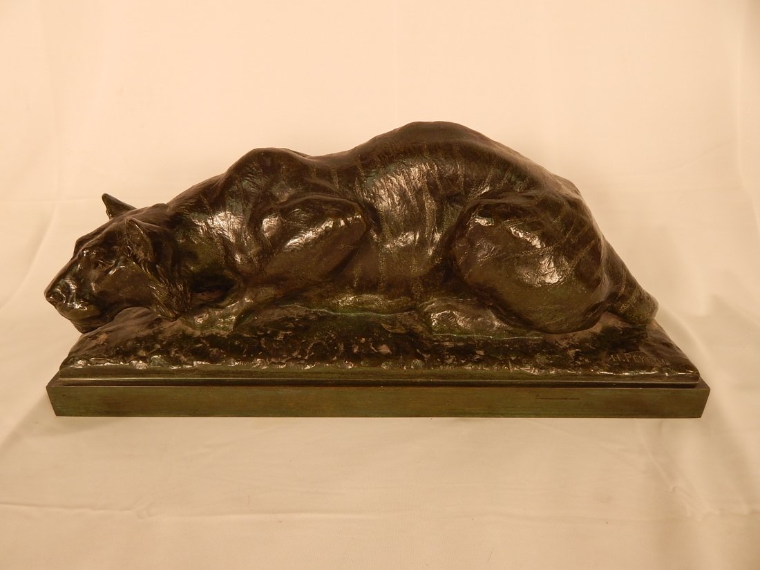 Bronze Sculpture of Panther: 17" long, 7" tall, signed Peyrol, French