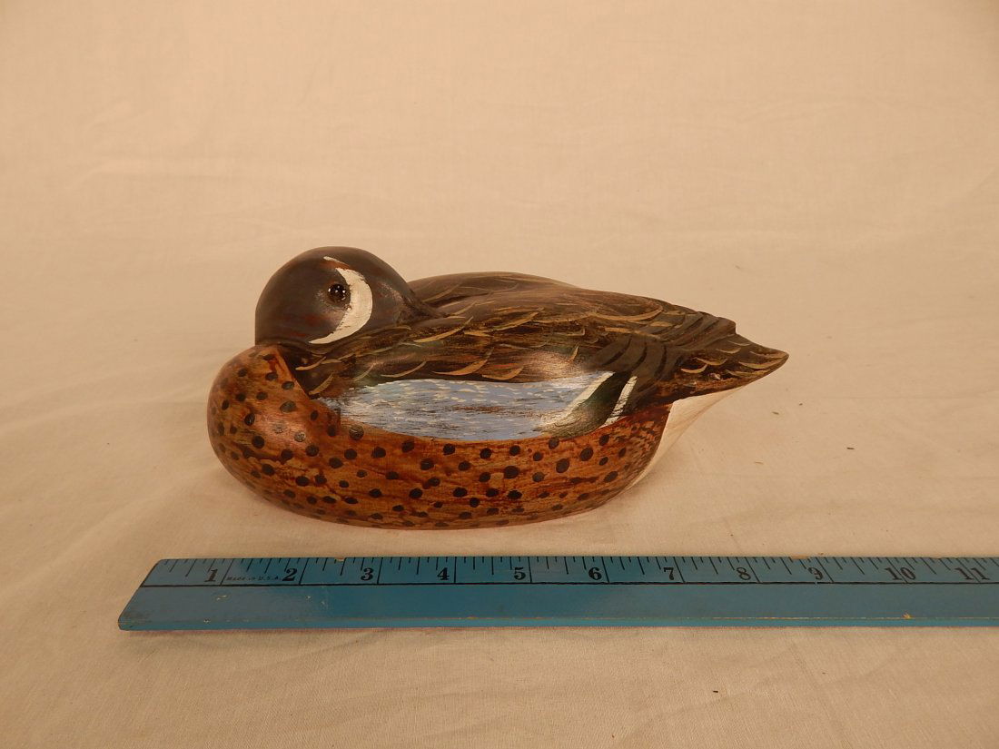 Blue wing Teal Duck Decoy: 9" long, wood, sleeping, Charles Moore, 1989
