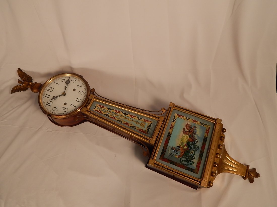 Banjo Clock: handpainted glass panels, eagle on top chariot
