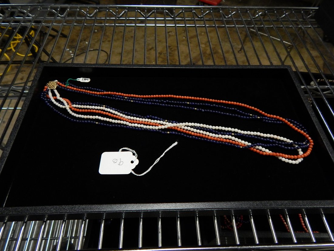 Tri colored gold and coral necklace: 14k gold, 30" long