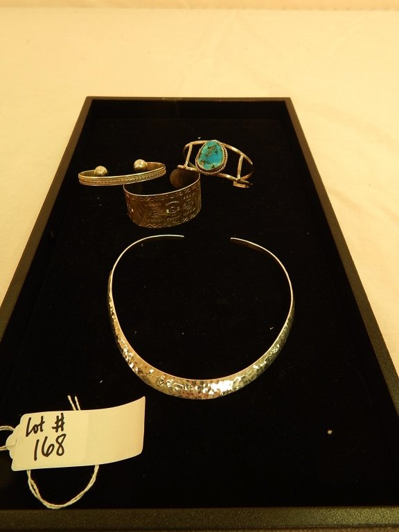 collection of cuff bracelets and choker: comprised of three sterling silver cuff bracelets and a sterling silver choker