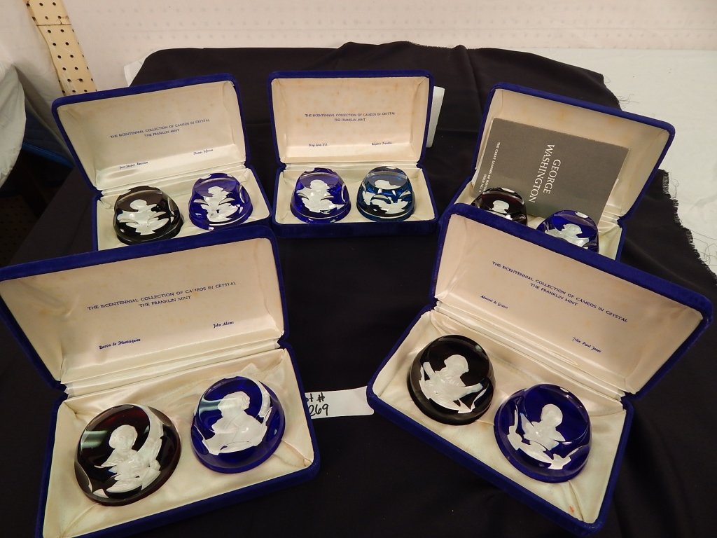 Franklin mint paperweight cameos: 1975 collection of 10 paperweights along with 5 boxes