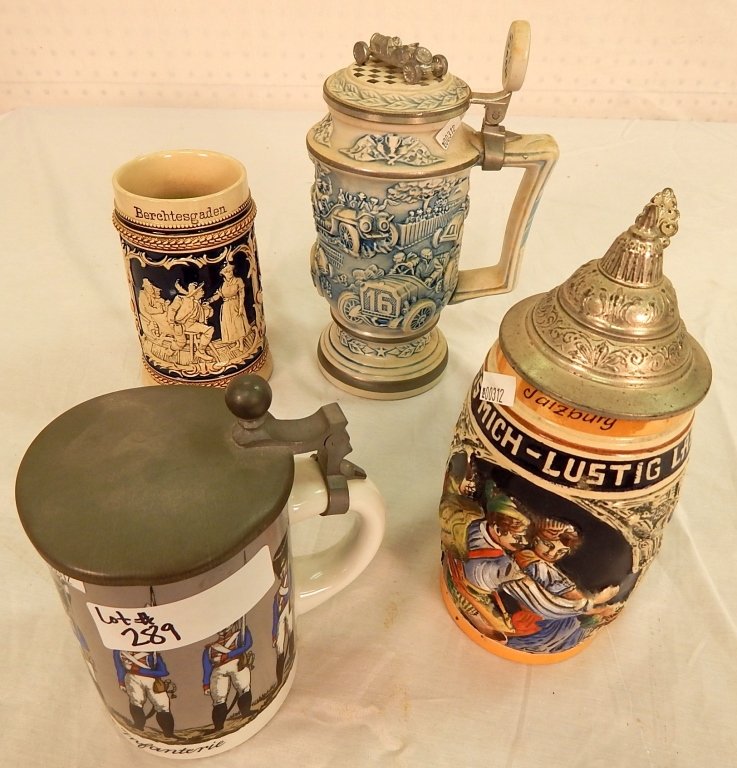 collection of beer steins: comprised of 4 beer steins