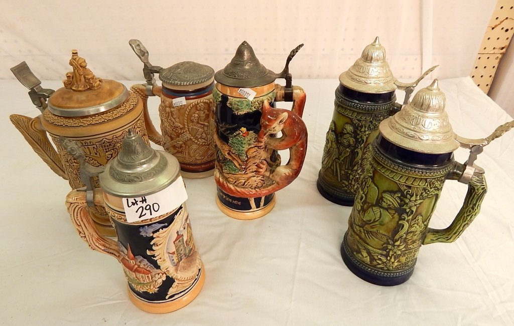 collection of beer steins: comprised of 6 beer steins