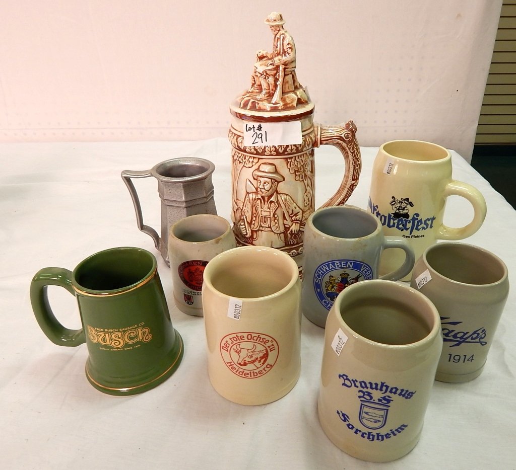collection of beer steins: comprised of 9 beer mugs