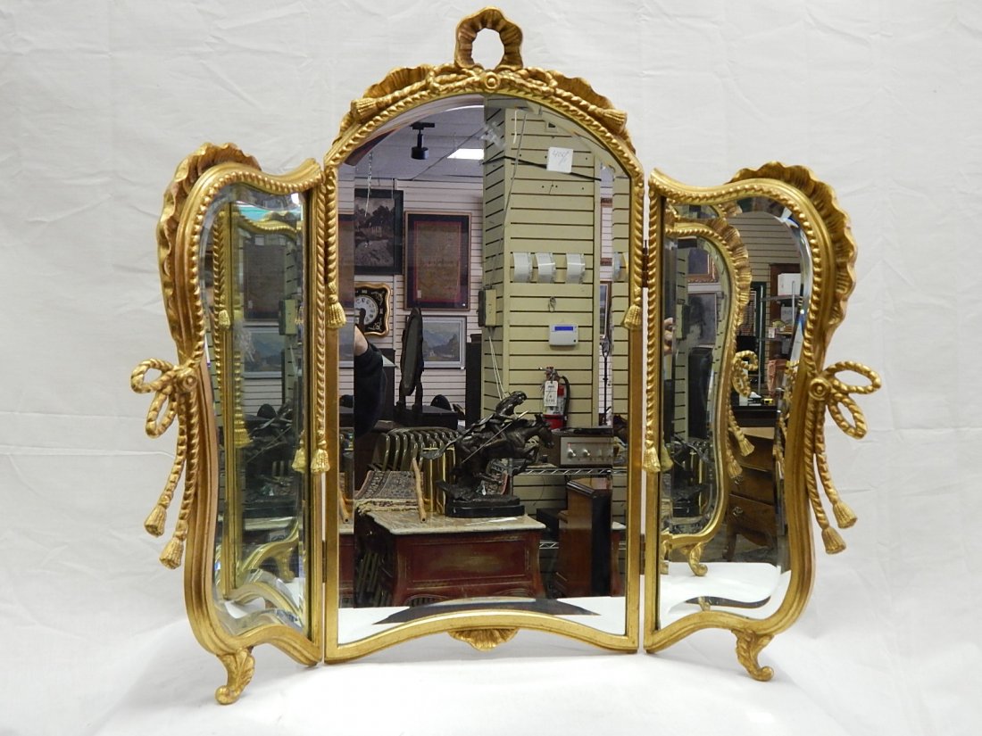 three way dressing mirror: beveled mirrors, hand carved wood, 28 tall, 35 wide
