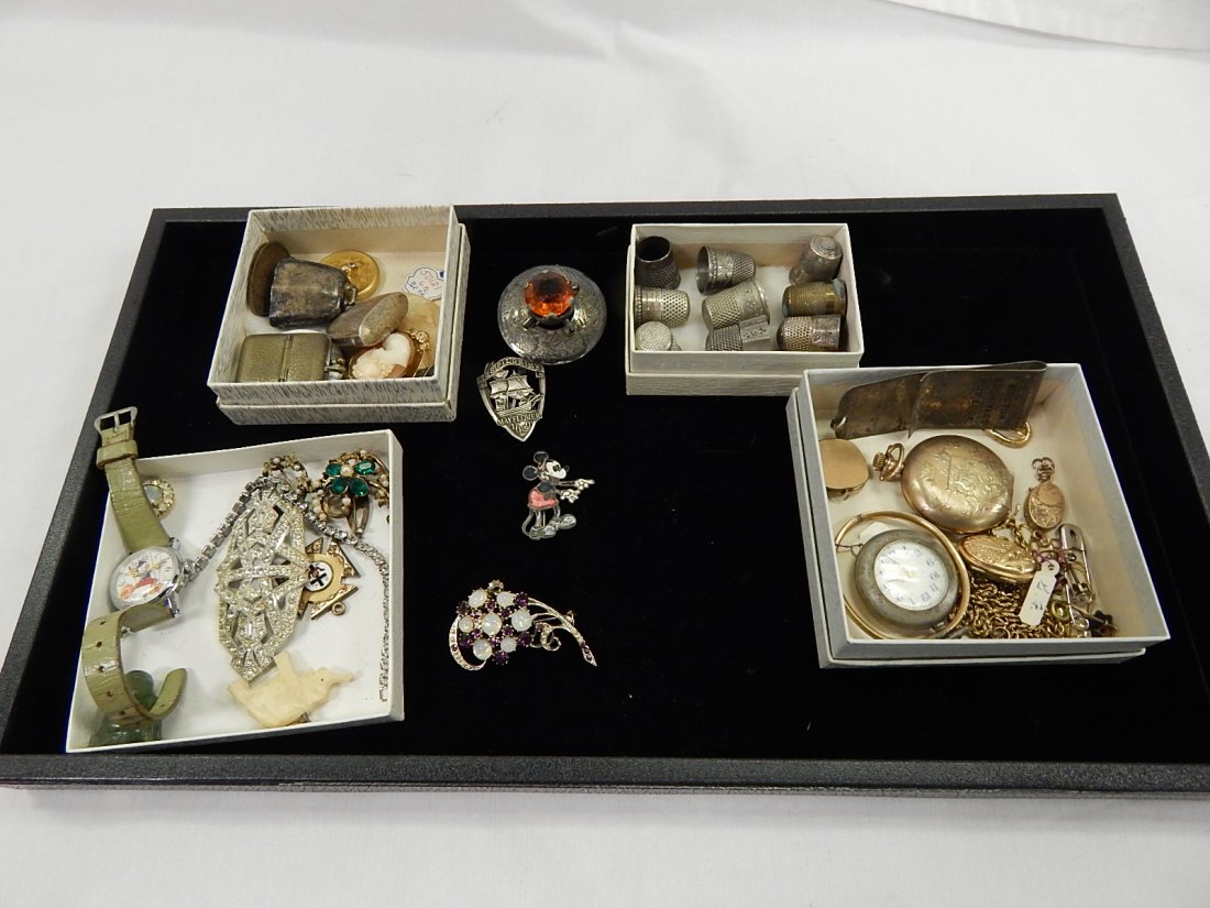 Misc lot of jewelry: Pocket watches, thimbles, costume jewelry , lockets, pins