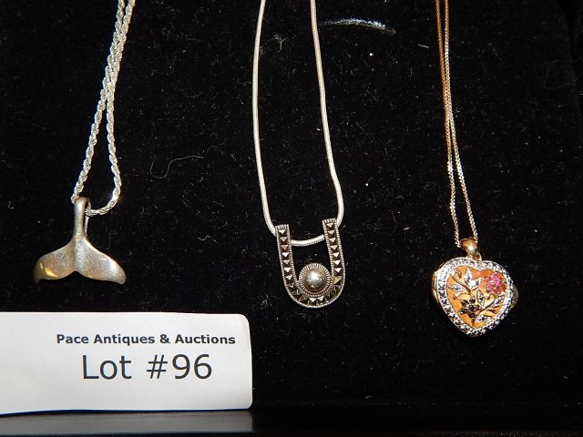 3 STERLING CHAIN NECKLACES: Heart charm locket with stones, horseshoe with marcasites, whale tail