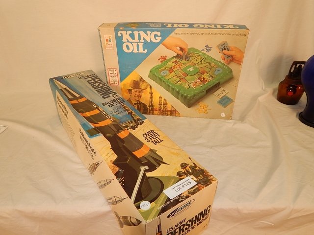 ESTES MAXI PERSHING MODEL ROCKET & OIL KING GAME: Rocket kit is believed to be complete with only engine holder glued in. Oil King game circa 1974