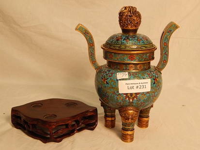 ORIENTAL BRONZE AND CLOISONNE URN: HAS DAMAGE AND LID STUCK ON , 11" TALL X 9' WIDE