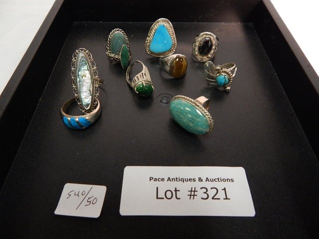 10 STERLING RINGS: turqoise, catseye, abalone