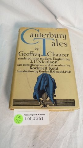 SIGNED CANTERBURY TALES NICOLSON KENT BOOK, 1934: Canterbury Tales by Geoffrey Chaucer, translated by and SIGNED by J.U. Nicolson, illustrated by Rockwell Kent c.1934 , cover present with minor damage.