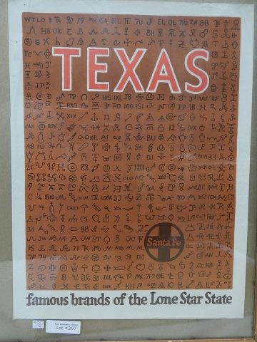 SANTA FE RAILROAD POSTER BRANDS LONE STAR STATE: "BRANDS OF THE LONE STAR STATE" VINTAGE SANTA FE RAILROAD POSTER 18" X 24" , SEE SEPARATE AUCTION ITEM ORIGINAL MAILING TUBE FOR PROVENANCE ==== FRAMED FOR DISPLAY PURPOSES ONLY.