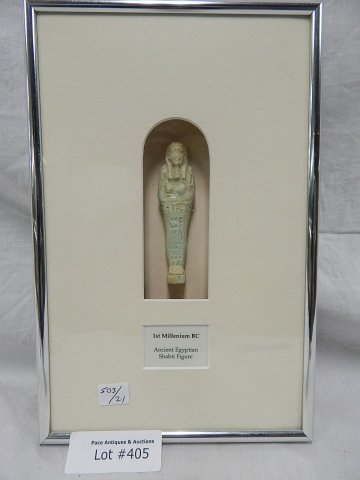 ANCIENT EGYPTIAN SHABTI FIGURE IN SHADOW BOX: STATUE IS 4 1/4" TALL, FRAME 12 1/2" X 8"