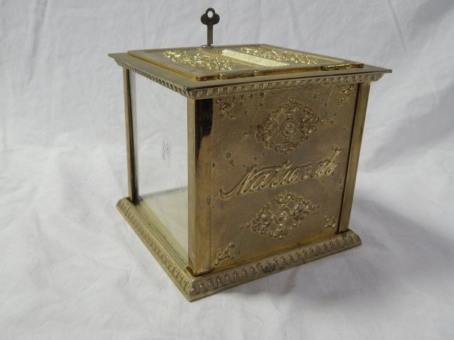 NATIONAL BRASS BOX WITH KEY: 6.5 TALL GLASS AND BRASS