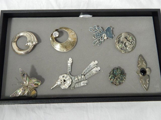 STERLING SILVER BROOCHES: 8 sterling silver brooches butter fly clown bird some with abalone