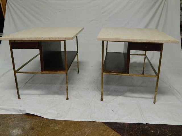 PAUL MCCOBB MARBLE TOPPED AND BRASS END TABLES: THE IRWIN COLLECTION. CHIP ON MARBLE, BRASS IS DIRTY AND PITTED, VENEER DAMAGE, DRAWERS DON'T WORK WELL., MISSING KNOB AND TOES.