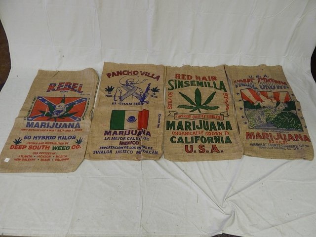 FOUR REPRODUCTION MARIJUANA BURLAP BAGS: bags