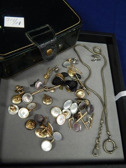 LARGE LOT CUFF LINKS: CAMEO, SHELL, WATCH CHAIN. CASE INCLUDED.