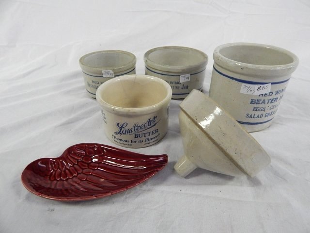 6 PIECES RED WING STONEWARE RARE FUNNEL: CHIPS AND CRACKS, AS IS .