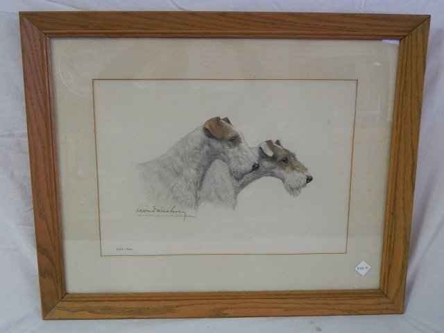 LEON DANCHIN FOX TERRIERS SIGNED: SIGNED AND NUMBERED 384/500. OVERALL 28 1/2 X 23 SOME FOXING, SPOTS ON GLASS REVERSE.