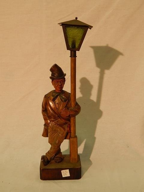 CARVED WOOD MECHANICAL WHISTLER AS IS!: ONE PANE CRACKED, 19" TALL, The head moves, bellows looks intact/actuates. NO BOTTOM COVER, NO KEY, Bulb present but condition/function unknown. HENCE, AS IS....