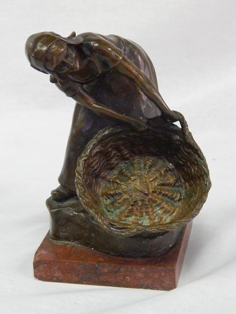 RUDOLF MARCUSE BRONZE DUTCH GIRL WITH BASKET: 7 1/4" TALL. .H. GLADENBACH & SOHN FOUNDRY MARK. MARBLE BASE.