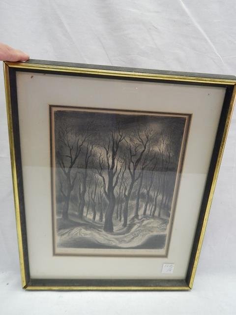 MISCH KOHN ETCHING "THE PARK....": "THE PARK IS A LONELY PLACE THIS DAY" SIGNED AND NUMBERED 1/10 ... OVERALL 14" X 17", ETCHING MARKED "1/10 IMP" AND IS 9" X 11.5"