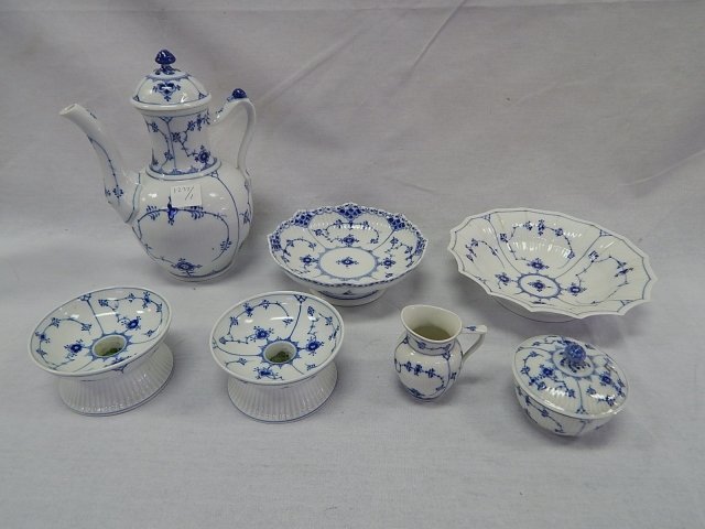 BLUE ONION DENMARK LOT TEAPOT ETC.: MOSTLY B&G AND ROYAL COPENHAGEN , TEAPOT, CANDLESTANDS, CREAMERS, SUGAR, BOWLS