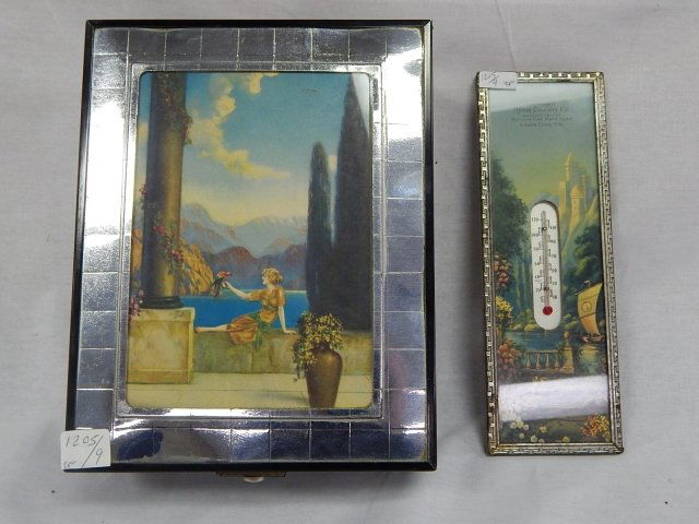 MAXFIELD PARRISH BOX AND THERMOMETER: BOX TOP HAS A COUPLE DENTS VISABLE IN PICTURES. 9" X 7". THERMOMETER 9" X 3".