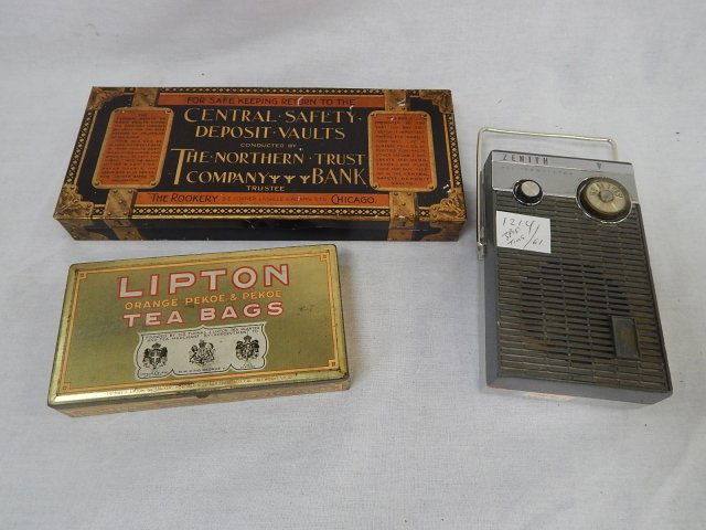 METAL ADVERTISING BOXES ZENITH RADIO: LIPTON TEA , NORTHERN TRUST BANK , ZENITH