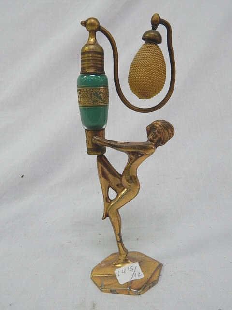 ART DECO FRENCH PURFUME BOTTLE: 9. MIN TALL FIGURE PURFUME BOTTLE WITH ATOMIZER GREEN ART GLASS