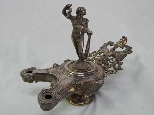 SILVER PLATED ALADDIN'S LAMP: 9" TALL, 12" LONG.