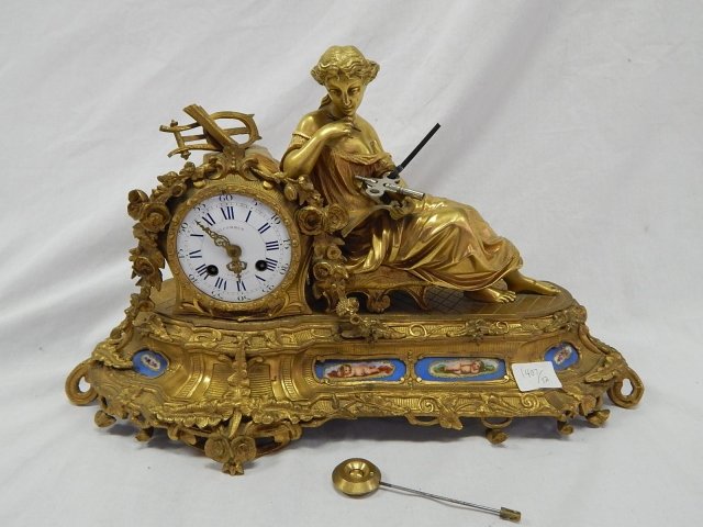FRENCH MANTEL CLOCK PORCELAIN PANELS AS IS!: KEY AND PENDULUM PRESENT , NO CLOCK BACK DOOR , 20" WIDE X 11" HIGH X 7" DEEP, CLOCK AS IS!!!
