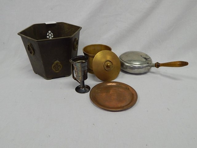 COLLECTION OF BRASS AND SILVERPLATE ITEMS: BRASS PLANTER, COVERED DISH, SHOT GLASS
