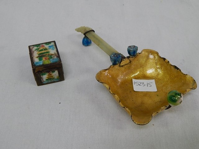 ORIENTAL DISH AND STAMP BOX: DISH IS 7 1/2" LONG X 1 1/2" TALL. STAMP BOX IS 1" X 1 1/2".