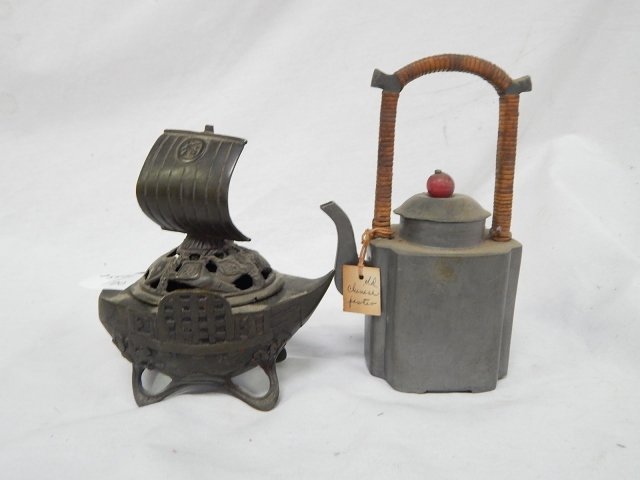BRONZE INSENCE BURNER WITH PEWTER TEAPOT.: VERY OLD. VERY NICE. TEA KETTLE IS 6 1/2" AND BURNER IS 5 1/2".