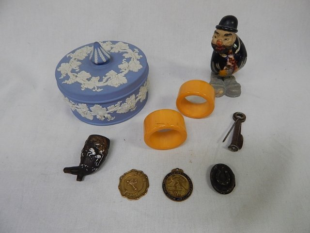 MISC LOT NAPKIN RINGS, WEDGEWOOD, SKATING MEDALS: NAPKIN RINGS, WEDGEWOOD BOX, SKATING MEDALS. BOX IS 5" WIDE BY 2 1/2" TALL.