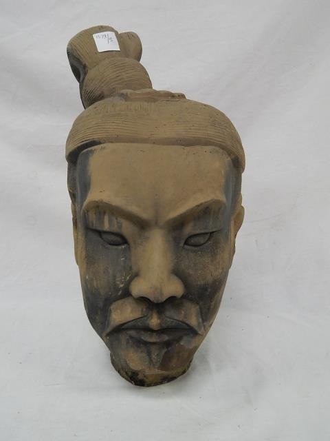 CHINESE POTTERY WARRIOR HEAD: 16 1/5" TALL. BEFORE 1930.