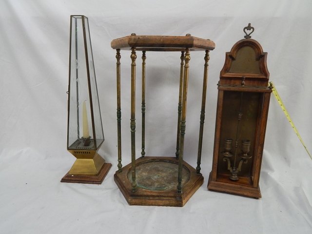 UMBRELLA STAND WITH TWO CANDLE STANDS: UMBRELLA STAND WOOD AND BRASS 20" TALL, FINISH IS BAD. CANDLE STANDS 20" TALL.