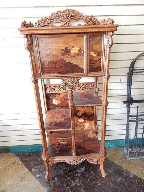 CONTEMPORARY INLAID ETEGERE: MIXED WOODS. 6 FEET TALL, 24 INCHES WIDE, 16 DEEP