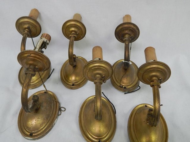 6 BRASS WALL SCONCES: 6 BRASS SCONCES 10" TALL. NO WIRING, DENTS AND SCRATCHS.