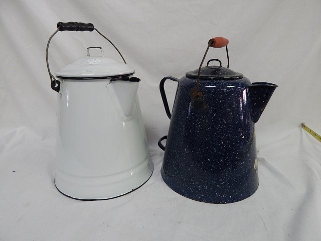 TWO GRANITE WARE TEAPOTS: MINOR CHIPS AND DINGS. TALLEST IS 15".