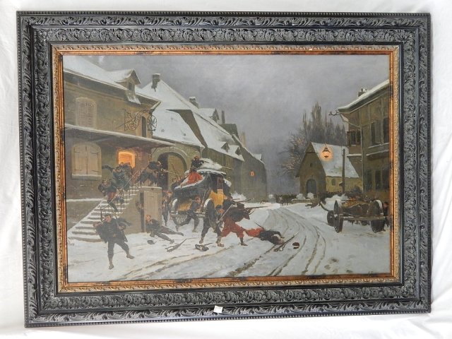 EDWARD DETELLIE COPY BY E. FISHER OIL ON CANVAS: "FRANCO PRUSSIAN WAR" ATTACK ON FRENCH TOWN OF META. CONDITION IS EXCELLENT. 46" X 66" FRAMED BEAUTIFULLY. THE ORIGINAL IS IN FRANCE AND 5 TIMES THIS SIZE. NAPOLEON THE 3RD WAS CAPTURED AND SENT TO EN