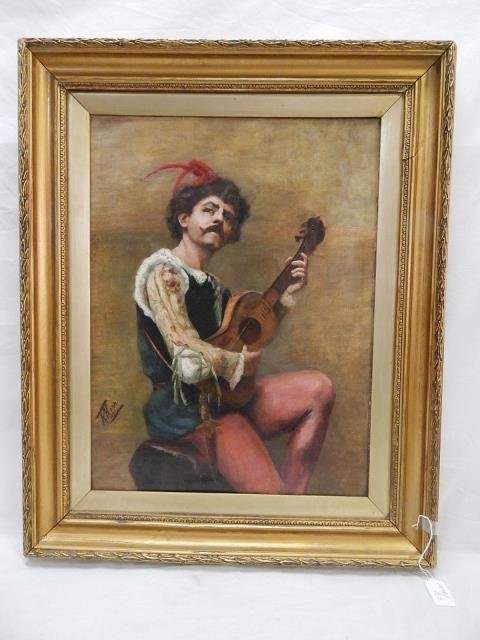 ROBERT KERR (1823-1904) OIL ON CANVAS: THE ROMANTIC MANDOLIN PLAYER. 20" X 25 1/2". MINOR FRAME DAMAGE